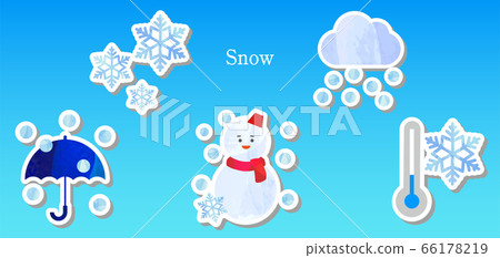 Set of art weather illustrations in cutout, snow, snowman, snowflake 66178219