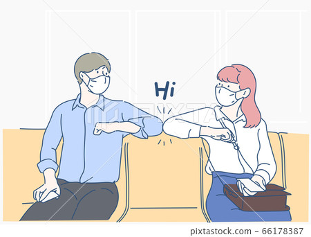 Elbow bump new normal greeting to avoid the spread of Coronavirus instead of greeting with hug or handshake. Hand drawn in thin line style, vector illustrations. 66178387