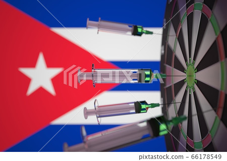 COVID-19 coronavirus disease vaccine syringes hit target against the Cuban flag. Successful research and vaccination in Cuba. 3D rendering COVID-19 coronavirus disease vaccine syringes hit target against the Cuban flag. Successful research and vaccination in Cuba. 3D rendering 66178549