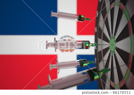 Coronavirus vaccine syringes on the Dominican flag background. Medical research and vaccination in the Dominican Republic, 3D rendering 66178551