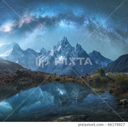 Milky Way Over Snowy Mountains And Lake At Stock Photo