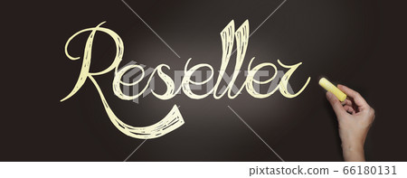 Reseller word on blackboard and hand with pale yellow chalk. Business concept on blackboard Reseller word on blackboard and hand with pale yellow chalk. Business concept on blackboard 66180131