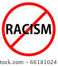 Text RACISM is in red circle With red line projected through the circle. Stop RACISM. Text is in traffic sign. Isolated on white background. 66181024