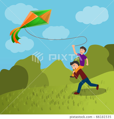 Father son kite concept background, cartoon style 66181535