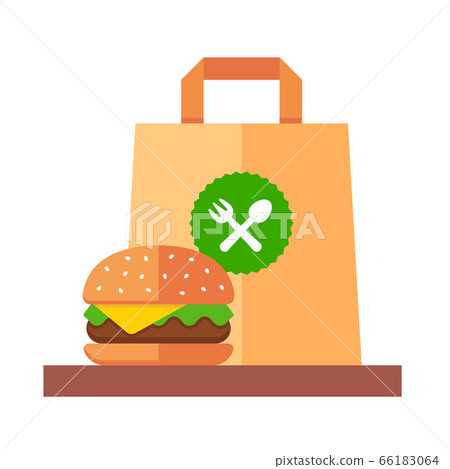 Takeaway hamburger in a paper bag. flat vector illustration Takeaway hamburger in a paper bag. flat vector illustration 66183064