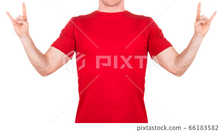 Man in red t-shirt showing rock n roll sign or giving the devil horns gesture Man in red t-shirt showing rock n roll sign or giving the devil horns gesture 66183582