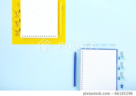 School office supplies on blue and yellow 66185296