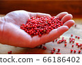 Pink peppercorns in a man's hand on a wooden background. Seasoning in the palm of a person. The concept of delicious food. 66186402