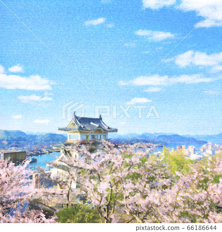 Cherry blossoms in full bloom Onomichi Castle watercolor style illustration (weak contour) Cherry blossoms in full bloom Onomichi Castle watercolor style illustration (weak contour) 66186644
