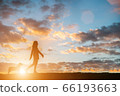Silhouette of a young woman walking with her dog 66193663