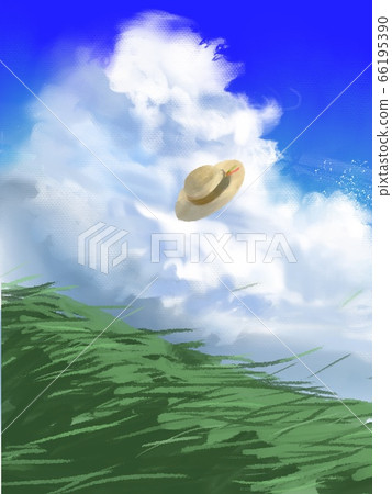 輕拂的草帽映襯在藍天，白雲和高原上 66195390