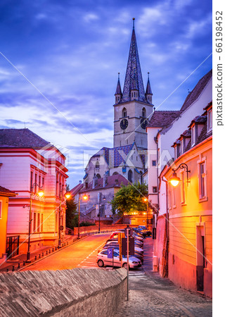 Sibiu, Romania, the german cathedral at night in Transylvania Sibiu, Romania, the german cathedral at night in Transylvania 66198452