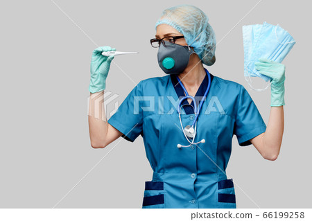 female doctor with stethoscope wearing protective mask and latex gloves over light grey background holding thermometer female doctor with stethoscope wearing protective mask and latex gloves over light grey background holding thermometer 66199258