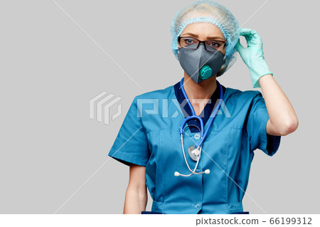 female doctor with stethoscope wearing protective mask and latex gloves over light grey background female doctor with stethoscope wearing protective mask and latex gloves over light grey background 66199312
