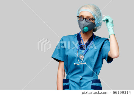 female doctor with stethoscope wearing protective mask and latex gloves over light grey background 66199314