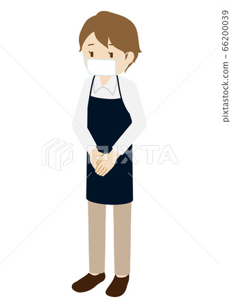 Illustration of a cafe clerk (female) wearing a mask and serving Illustration of a cafe clerk (female) wearing a mask and serving 66200039