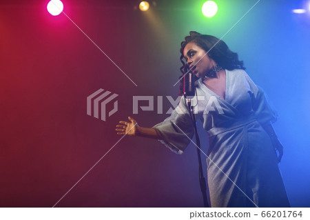 A jazz singer performs on stage. Afro. 66201764