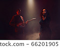 A jazz singer and guitarist perform on stage. 66201905