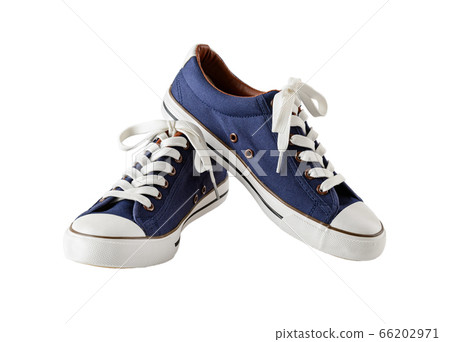 Pair of classic blue sneakers or gumshoes with white shoe laces isolated on white background.  66202971