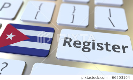 Register text and flag of Cuba on the keyboard. Online services related 3D rendering Register text and flag of Cuba on the keyboard. Online services related 3D rendering 66203104