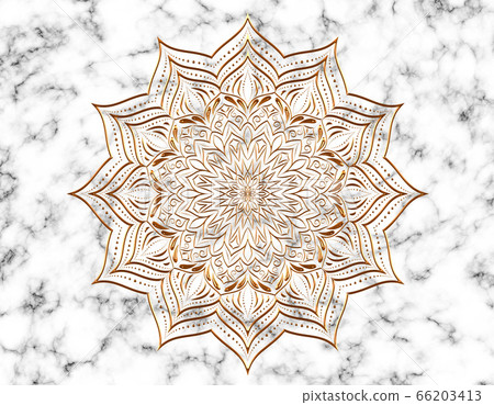 Gold mandala on white marble background. Gold mandala on white marble background. 66203413