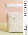 Plastic transparent container with rice on a green background. 66203630