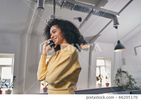 Smiling office worker chatting on her cellphone 66205170