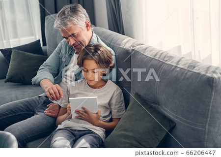 Smiling dad and child sitting at home together 66206447