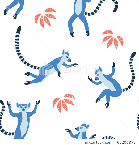 Exotic Madagascan lemurs with long striped tails. Hand drawn vector seamless pattern Exotic Madagascan lemurs with long striped tails. Hand drawn vector seamless pattern 66206873