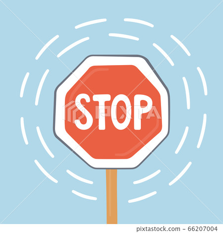 Stop red road sign on blue background. Stop action symbol. 66207004