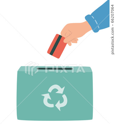 Hand drops off used plastic cards into bin for recycling. Safe disposal of gift or loyalty plastic cards. 66207064