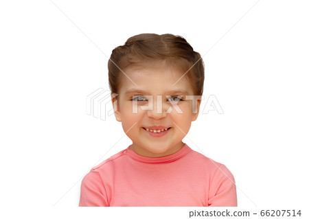 4 years old girl Caucasian, in pink T-shirt smiles funny, looks forward, isolate, large portrait 66207514