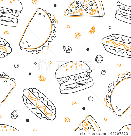 Fast Food Seamless Pattern, Restaurant or Cafe Menu Design Element Can Be Used for Fabric, Wallpaper, Packaging, Background Linear Vector Illustration Fast Food Seamless Pattern, Restaurant or Cafe Menu Design Element Can Be Used for Fabric, Wallpaper, Packaging, Background Linear Vector Illustration 66207870