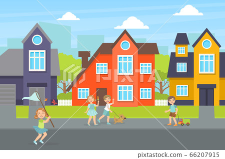 Cute Children Walking and Playing on the Street, Urban Landscape Vector Illustration Cute Children Walking and Playing on the Street, Urban Landscape Vector Illustration 66207915