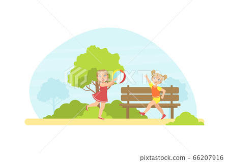 Two Girls Playing Ball in the Park, Cute Kids Having Fun Outdoors Vector Illustration Two Girls Playing Ball in the Park, Cute Kids Having Fun Outdoors Vector Illustration 66207916
