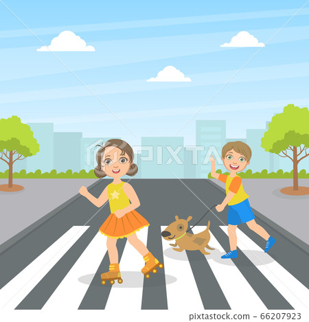 Cute Kids and Dog Using Cross Walk to Cross Street, Children Walking on the Street Vector Illustration Cute Kids and Dog Using Cross Walk to Cross Street, Children Walking on the Street Vector Illustration 66207923