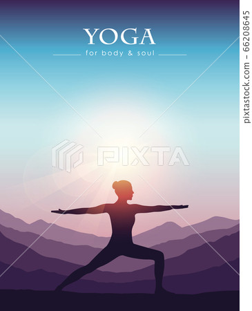 girl makes yoga on mountain landscape at beautiful sunset 66208645