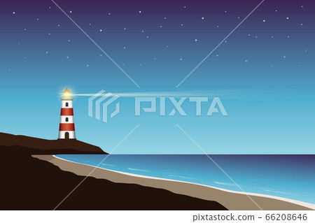lighthouse near beach in the night with starry sky - Stock Illustration ...