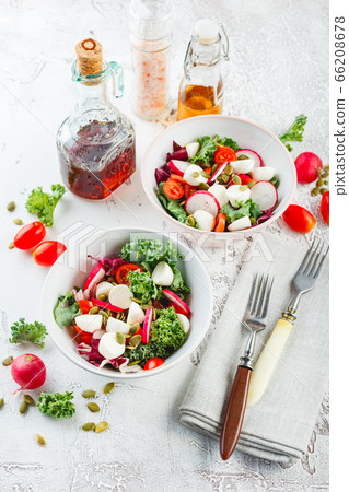 Salad with cherry tomatoes, radsh and mozzarella, Salad with cherry tomatoes, radsh and mozzarella, 66208678