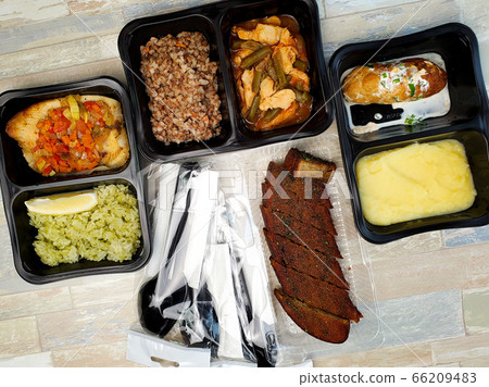Plastic containers with delicious food on an isolated background. Delivery service 66209483