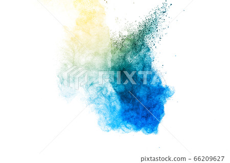 Explosion of blue and yellow dust on white background. 66209627