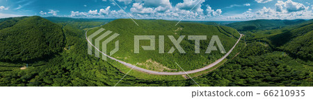 Panoramic landscape: aerial Caucasus forest panoramic background, green trees, rural highway road. 360 degree panorama. 66210935