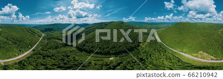 Panoramic landscape: aerial Caucasus forest panoramic background, green trees, rural highway road. 360 degree panorama. 66210942
