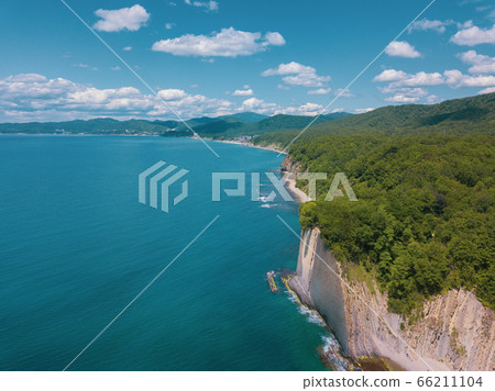 Skala Kiseleva is a natural monument on the territory of the Tuapse district of the Krasnodar Territory. Aerial view from above. 4K footage. Skala Kiseleva is a natural monument on the territory of the Tuapse district of the Krasnodar Territory. Aerial view from above. 4K footage. 66211104