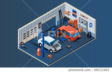 Car service garage interior banner, isometric style Car service garage interior banner, isometric style 66212805