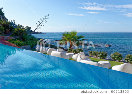 View of the pool and the Mediterranean Sea - Italy View of the pool and the Mediterranean Sea - Italy 66213803