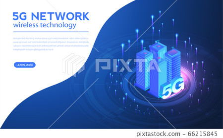 5G network wireless internet Wi-fi connection and internet of things with modern city skyline. Smart city and communication network concept. High speed, broadband telecommunication. vector  66215845