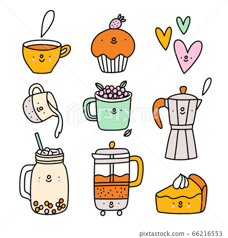 Cute coffee and tea cartoon characters, vector set Cute coffee and tea cartoon characters, vector set 66216553