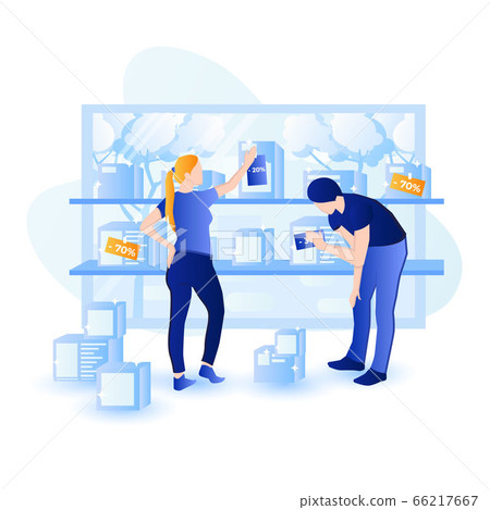 Big sale season at local shop vector illustration concept. Shop workers are placing sale badges at local shop goods - seasonal sales are coming. Big sale season at local shop vector illustration concept. Shop workers are placing sale badges at local shop goods - seasonal sales are coming. 66217667