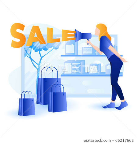 Grand opening sale banner - sale concept illustration. Woman with megaphone is promoting sale at shop. 66217668